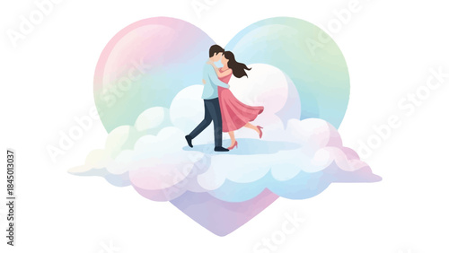 Eternal Embrace: Couple on Clouds: A tender depiction of a couple, enveloped in the dreamy embrace of a colorful heart and fluffy clouds, symbolizing love's ethereal beauty.