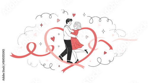 Enchanting Dance of Love: A couple, entwined in an embrace, dances gracefully within a heart-shaped ribbon. Their figures express a profound connection, set against a backdrop of soft shapes.
