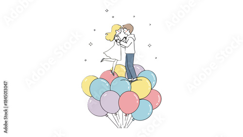 Love's Ascent: A couple, afloat on a cloud of colorful balloons, shares an intimate moment, symbolizing the lightness and joy of love.