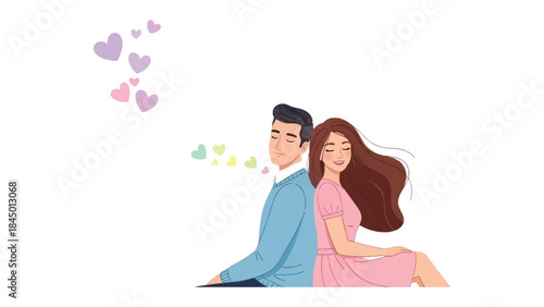 Affectionate Embrace: Capturing a Tender Moment of Love. A couple sitting back-to-back, surrounded by symbols of affection, radiates an atmosphere of warmth and connection.
