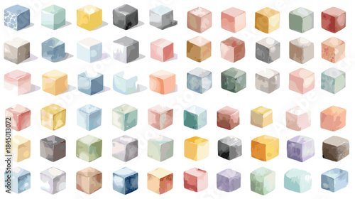 A large collection of watercolor cube illustrations in soft pastel colors. Perfect for patterns, educational materials, branding elements, packaging, and creative geometric design projects.