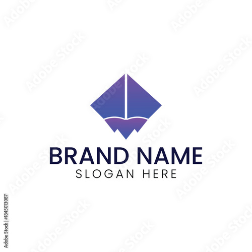 Luxury Diamond Logo with Purple Gradient - Abstract Mountain or Security Symbol, Modern Kite Shape Icon with Interior Wave or Crown Detail for Financial Technology