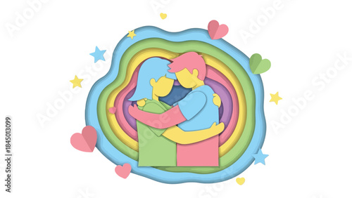 Paper Cutout Embracing Couple: A tender moment captured in a colorful paper cutout, depicting a couple embracing amidst a vibrant rainbow of layers. Expressing love, connection.