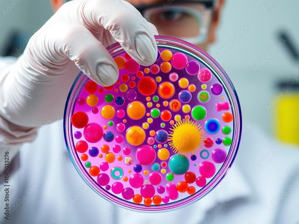 Obraz premium Scientist carefully selects petri dish containing colorful bacterial colonies, various sizes and shapes, medical, colony-forming unit