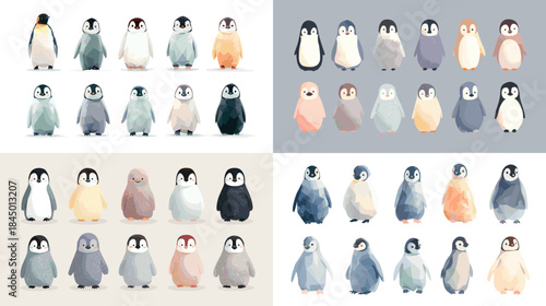 A watercolor penguin illustration set in soft pastel tones featuring adorable poses and gentle details. Ideal for nursery art, winter themes, wildlife graphics, and children’s designs.