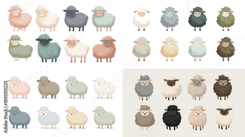 A soft pastel collection of sheep illustrations with charming expressions and gentle textures. Perfect for nursery decor, kids products, farm themes, and playful character artwork.