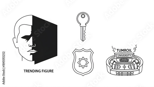 Abstract vector concepts illustrating evolving identity, data security, police authority, and structural transformation, symbolizing modern societal shifts and challenges