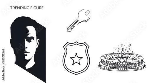 Vector illustration of a man's profile, key, police badge, and sports stadium
