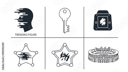 Versatile collection of modern vector icons in line art style, including abstract human profiles, security keys, dynamic stars, and stadium architecture, suitable for digital design