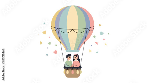 Soaring Affection: Two figures embark on a romantic journey within a colorful hot air balloon, floating amidst a cascade of hearts, symbolizing love and adventure in a whimsical sky.