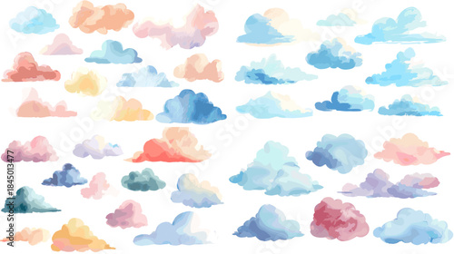 A soft watercolor cloud illustration set in pastel shades with dreamy textures. Ideal for nursery art, sky themed graphics, backgrounds, children’s designs, and creative decorative projects.