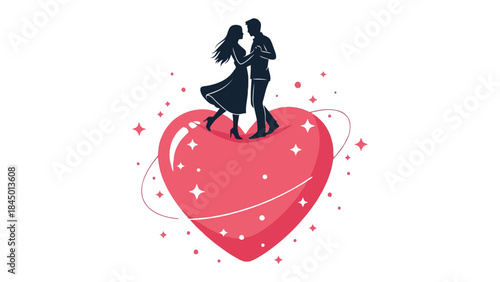 Heart of Romance: Two silhouettes of lovers dancing on a heart, symbolizing the joy and enchantment of love, with stars around.