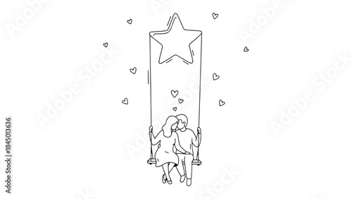 Love's Celestial Swing: Two figures embrace on a swing, ascending towards a star in the heavens, signifying love and dreams.