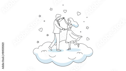 Enchanted Dance in the Clouds: A tender couple swirls in an elegant dance upon a soft cloud. Dotted with gentle hearts and stars, and embodying affection.