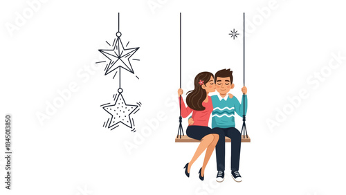 Eternal Romance on a Swing: An illustration shows a couple deeply in love enjoying a tender moment on a swing, complemented by star ornaments creating a sense of magic.