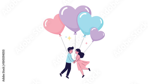 Love's Ascent: A couple, hand in hand, float joyfully upwards, guided by a bouquet of heart-shaped balloons, symbolizing the boundless heights of love. 