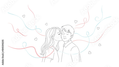 Kiss of Serenity: An tender moment, a couple is embraced by an soft colored background, conveying the quiet understanding and deep affection of the partnership.