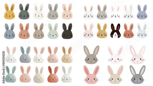 A cute collection of bunny face illustrations in soft pastel tones with playful expressions and simple shapes. Perfect for nursery art, kids designs, Easter themes, and charming decorative graphics.