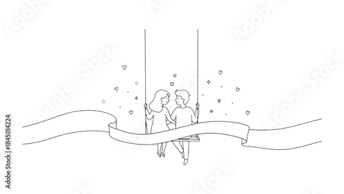 Eternal Swing: A tender depiction of two individuals, seated on a swing amidst a cascade of hearts, embodying the spirit of lasting affection.