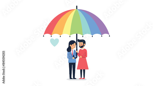 Rainbow Umbrella Embrace: A loving couple stands together beneath a vibrant rainbow umbrella, a symbol of hope and unity, representing diversity. 