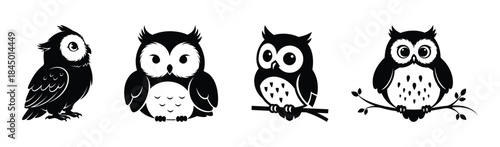 Collection of Black and White Vector Illustrations of Cute Owls
