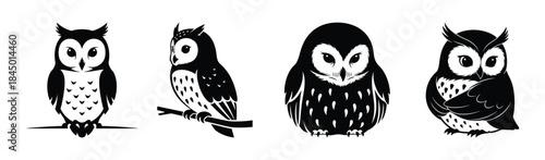 Collection of Four Adorable Owl Illustrations in Silhouette Style