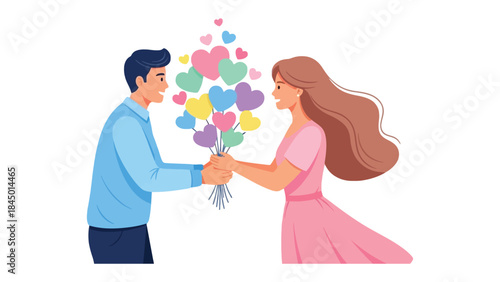 Bouquet of Hearts: A man hands a bouquet of colorful heart-shaped balloons to a woman, symbolizing love and affection. Capturing the essence of romance, affection and bond.