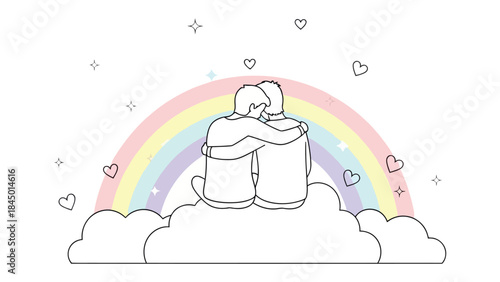 Embracing Love and Harmony: A tender embrace of two figures, symbolizing connection and inclusivity, is set against a rainbow, evoking unity and the beauty of diversity.