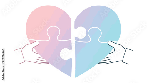 Love's Embrace: Two hands, delicate yet firm, interlock, fitting together puzzle pieces of a heart, symbolizing unity, compassion and togetherness. A visual poem celebrating love.