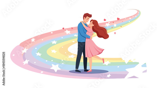 Love's Embrace in the Stars: A couple embraces each other intimately, standing in the embrace of a star-studded rainbow, a visual symbol of love, joy, and the journey of partnership.