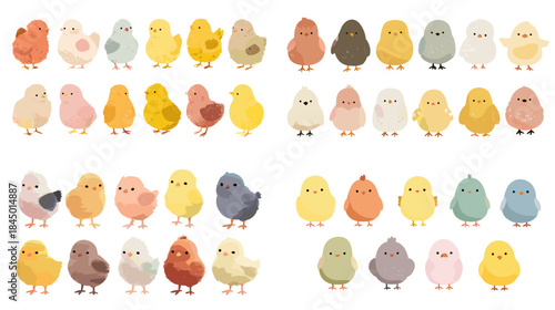 A charming set of baby chick illustrations in warm pastel shades with soft textured details. Ideal for nursery decor, children’s artwork, cute characters, and seasonal designs.