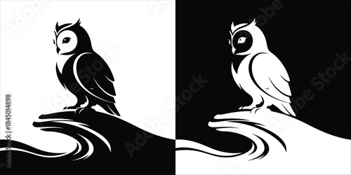 Minimalist Owl Illustration in Black and White with Wave