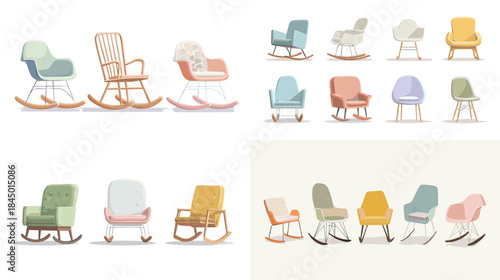 A cozy set of pastel rocking chair illustrations featuring soft shapes and modern nursery colors. Ideal for interior decor designs, baby room themes, and stylish furniture artwork.