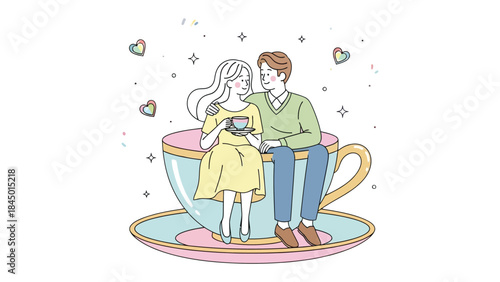 Dreamy Rendezvous: A tender moment unfolds as a couple shares an intimate tea session, nestled inside a whimsical teacup, surrounded by delicate hearts, portraying a fairy-tale romance.