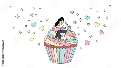 Love's Sweet Embrace: Two figures embracing on a whimsically designed cupcake, surrounded by hearts and stars. A visual celebration of love and affection.