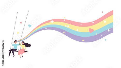 Riding the Rainbow: A joyful couple on a swing, soaring through a vibrant rainbow of love, creating a dreamy and whimsical scene.