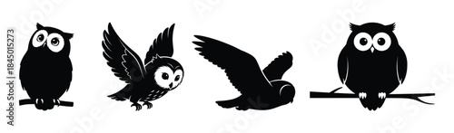 Set of four stylized owl illustrations in silhouette, depicting different poses