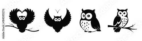Diverse set of charming owl illustrations in a graphic, minimal style for various uses