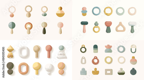 A set of soft pastel baby rattles and teethers with gentle shapes and modern minimalist style. Ideal for nursery themes, baby product design, branding, and playful children’s illustrations.