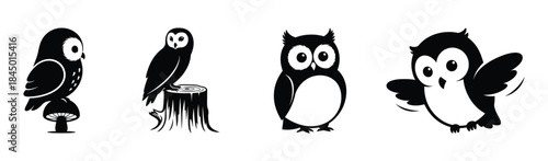 Charming collection of stylized black and white owl icons, perfect for various design projects and whimsical themes