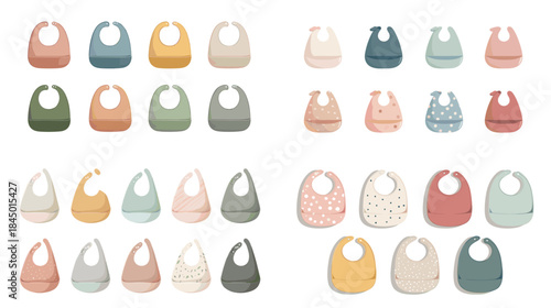 A cute pastel baby bib illustration set featuring simple and patterned designs. Perfect for nursery graphics, baby products, apparel design, invitations, and modern kids themed artwork.