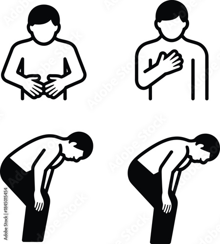 Symptoms of physical discomfort icon set including stomachache, chest pain, and exhaustion
