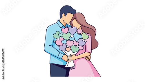 Embracing Affection: A tender illustration depicts a loving couple, enveloped in a moment of closeness, with one holding a bouquet of heart-shaped flowers, symbolizing affection and romance.