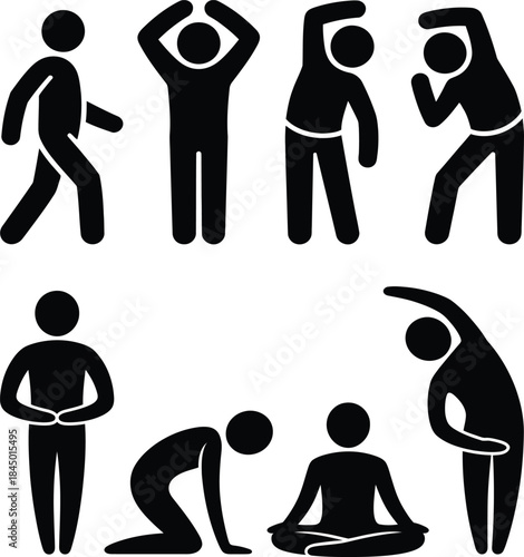 Simple black icons representing various stretching and exercise poses for health and wellness