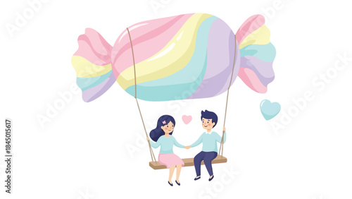 Whimsical candy-themed: a couple is enjoying their lovely journey with a cute candy-shaped balloon, full of dreams and love.