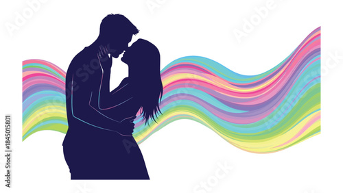 Whispers of Affection: An embrace of love silhouettes a tender moment against a backdrop of flowing hues, symbolizing connection and devotion.