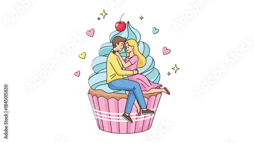 Sweet Embrace: A loving couple shares a tender moment seated atop a whimsical cupcake, surrounded by hearts and stars.  Perfect for conveying affection and delight.