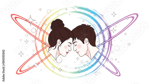 Everlasting Connection: Two individuals gently touch foreheads, enclosed within a vibrant ring of color, symbolizing the depth of their affection, connection, and togetherness.