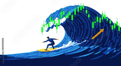 Businessman surfing a powerful financial market wave with green candlestick charts, symbolizing strategic investment, economic growth, and navigating market trends.