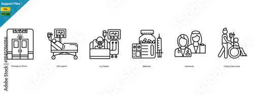 The concept of intensive care medicine critical care. Emergency Room, Life support, Icu Patient, Medicine, Intensivist and Critical Care nurse. icon set vector
